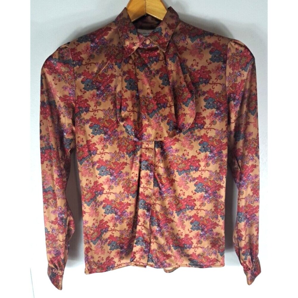 Vintage Queens Way Womens Button Down Top Collared Bow Brown Floral 1970s S